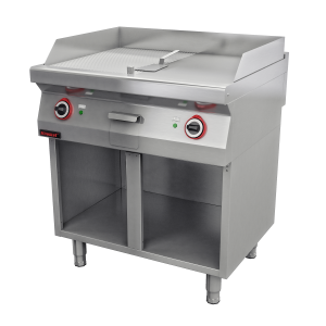 Płyta grillowa 1/2gł. + 1/2ryf. chromowana 800 mm 9,6kW na podstawie szafkowej otwartej | Kromet